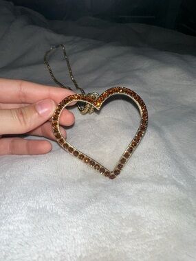 Vintage gold long heart pendant necklace with orange rhinestones